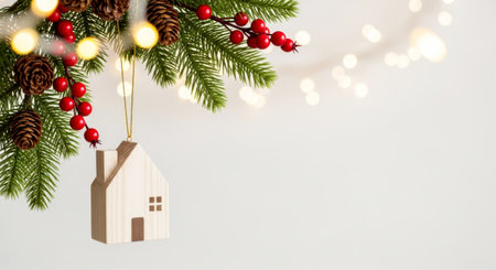 Wooden house ornament hanging from fir branch with pine cones and red berries. Christmas and New Year's celebrations.の素材
