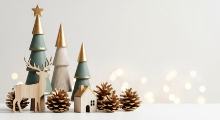 Wooden deer, trees, house, and gold pine cones on a clean white background with bokeh. Christmas greeting card concept.の素材