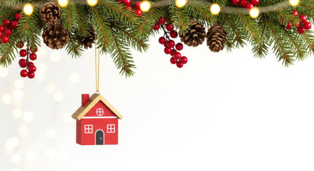 Christmas garland with fir branches, cones, berries, lights, and a hanging red miniature wooden house on white background.の素材