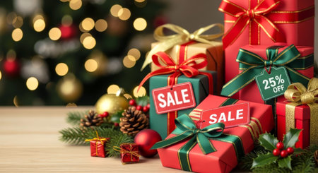 Christmas holiday sales concept with stack of gift boxes, sale tags, ribbons, and ornaments.の素材