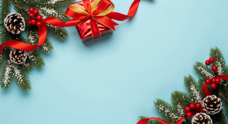 Christmas background with fir branches, snowy cones, red berries, gift box, and ribbon on a pastel blue backdrop.の素材