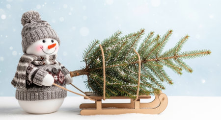 Knitted snowman pulling a sled with a fresh Christmas tree and branches on winter background. Christmas and New Year scene.の素材