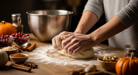 Hands kneading dough on a wooden table, preparing holiday desserts.の素材