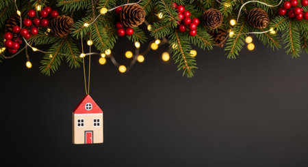 Christmas border of fir branches, cones, and lights with a hanging miniature wooden house ornament on a dark background.の素材