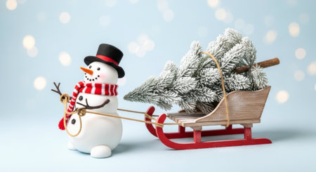 Snowman wearing a hat and scarf pulls a sled with a snowy Christmas tree on a light blue background with bokeh lights.の素材