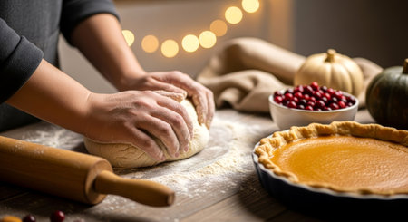 Hands kneading dough for pie crust for Thanksgiving.の素材