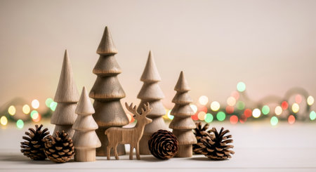 Wooden Christmas scene with carved pine trees, a reindeer figurine, and pine cones against a warm background with colorful bokeh lights.の素材