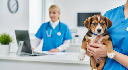 Veterinary care for a puppy in a modern clinic, showing compassion, professionalism, and pet health support.の素材
