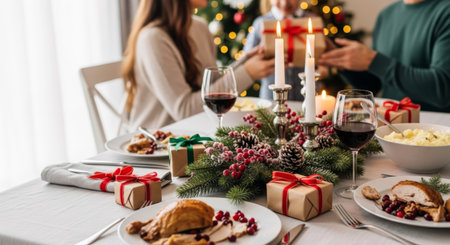 Family celebrates Christmas dinner with festive decor, gifts, wine, and roasted turkey on set table.の素材