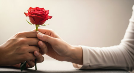 Romantic moment of a man giving a single red rose to a woman. Love, passion, and a tender relationship.の素材