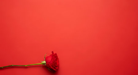 Composition of a single red rose on a vibrant red background. Romantic holidays.の素材