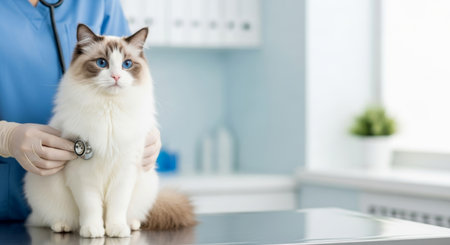 Professional veterinarian examining a cat with a stethoscope in a clean, bright clinic environment.の素材