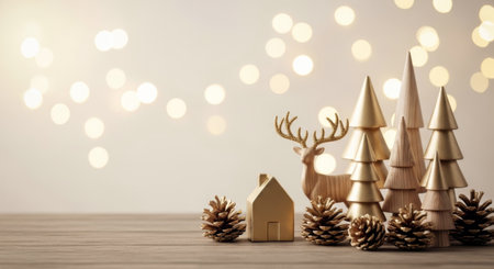 Christmas decor featuring golden miniature wooden trees, a reindeer, and a house against a soft bokeh background.の素材