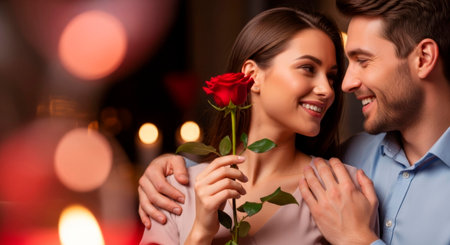 Romantic couple embracing on Valentine's Day, smiling with a red rose and blurred glowing bokeh background.の素材