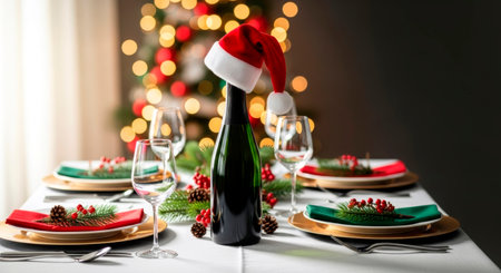 Christmas dinner table setting with a champagne bottle wearing a Santa hat and a decorated bokeh tree background.の素材