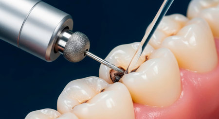 Close-up of a dentist using a high-speed dental drill to treat a deep cavity on a molar tooth model, decay treatment concept.の素材
