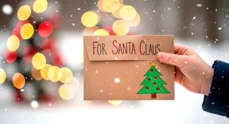 Child's hand holding a homemade Christmas letter envelope For Santa Claus with drawing, against a bokeh background.の素材