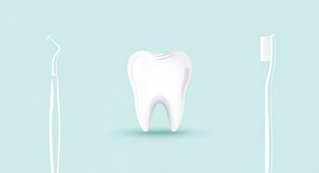 White tooth with dental tool and toothbrush on pastel blue background. Oral hygiene.の素材