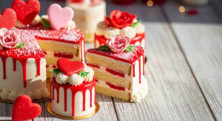 Romantic cakes with hearts, roses, glaze, and cream. Valentine's Day or sweet celebrations of love.の素材