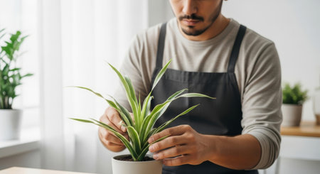 Man in apron checking and caring for his potted houseplant indoors. Home gardening, hobby, and plant care concept.の素材