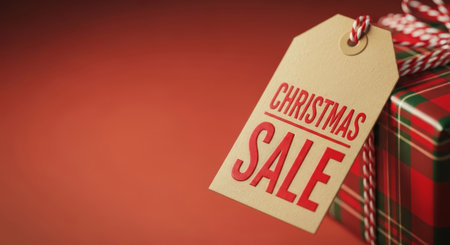 Christmas Sale tag on a gift box wrapped in tartan paper. Seasonal shopping, discount, and holiday promotion concept.の素材