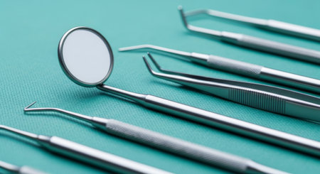 Set of dental tools, including a mirror and probes, on a green background. Dentistry and hygiene concept.の素材