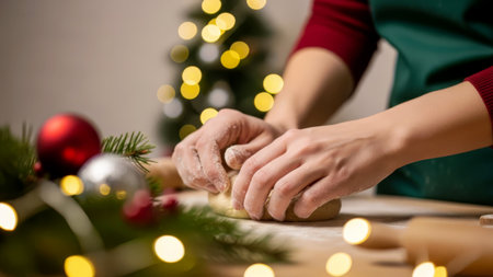 Hands kneading dough with festive decor and Christmas tree. Scene of holiday baking and seasonal preparation.の素材