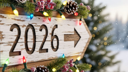 Wooden signpost pointing to the 2026 with Christmas decorations. Winter scene, transition to the New Year.の素材