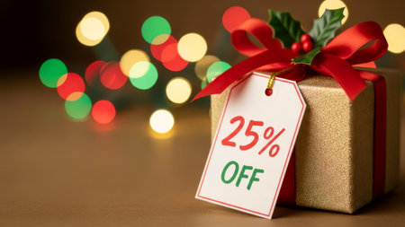 Gold gift box with 25% off tag. Christmas and New Year holiday discounts.の素材
