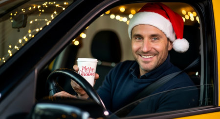 Driver in Santa hat with festive cup. Taxi service and transportation during Christmas holidays.の素材