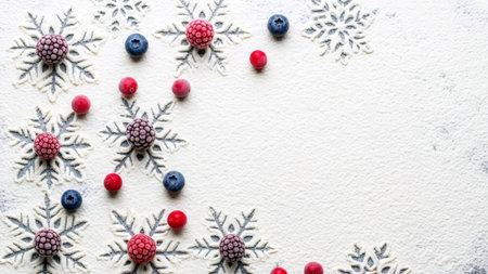 Snowflake prints and frozen berries on flour. Culinary background for winter holidays and festive baking.の素材