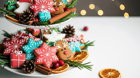 Christmas cookies on festive tray with spices and decor. Holiday sweets and seasonal celebration.の素材