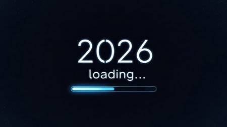 2026 loading with a progress bar on a dark digital background. New Year transition.の素材