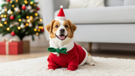 Dog in festive outfit near Christmas tree. Pets during holiday season and winter celebration.の素材