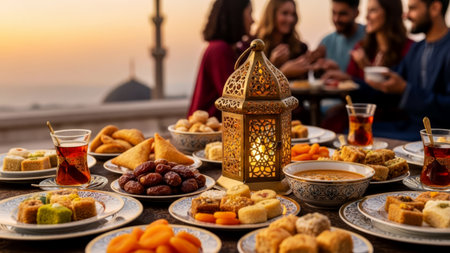 Festive Iftar dinner set outdoors with Arabic sweets, dates, and illuminated lantern against a sunset.の素材
