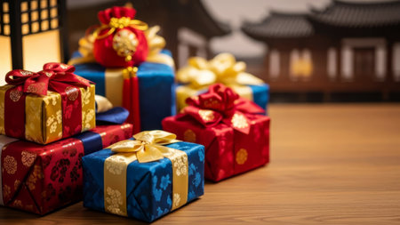 Set of Korean gift boxes in red and blue, celebrating Seollal or Chuseok, with a blurred hanok background.の素材