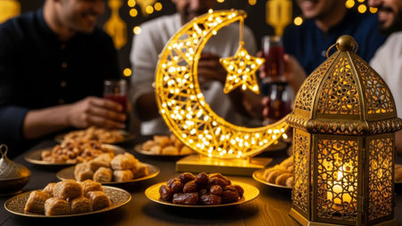 Ramadan celebration with sweets, lantern, crescent moon, and people.の素材