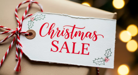 Close-up of a Christmas SALE tag with holly, tied with baker's twine on a brown gift box, with warm bokeh lights.の素材