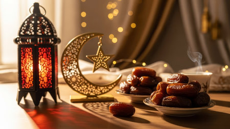 Ramadan Iftar scene with dates, a golden crescent moon, and a glowing Arabic lantern in interior.の素材