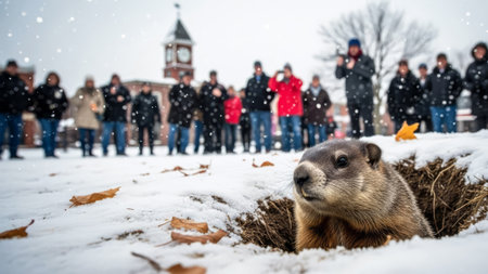 Groundhog emerges from its burrow in the snow, watched by a crowd awaiting the forecast. Groundhog Day.の素材