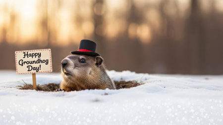 Happy Groundhog Day. Groundhog wearing a tiny top hat emerges from its burrow in the snow with a sign.の素材