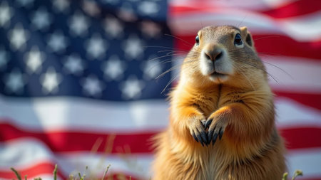 A groundhog stands on a blurred background of the American flag. Suitable for celebrating Groundhog Day.の素材