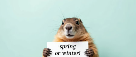 Groundhog on a blue background and holding a sign with the text spring or winter. Groundhog Day. Close-up.の素材