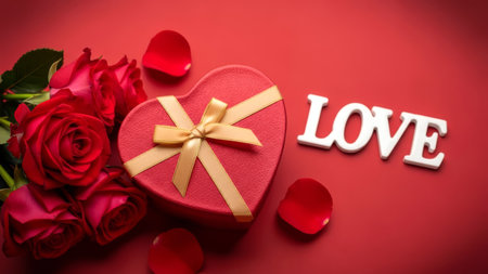 Romantic red scene with roses, heart gift box, petals and LOVE letters. Valentine's Day design.の素材