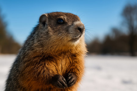 Close-up portrait of a groundhog in snowy landscape under blue sky. Groundhog Day.の素材