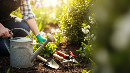 Spring gardening scene with tools, watering can, blooming plants and sunlight. Seasonal outdoor work.の素材