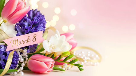 Floral bouquet with tulips and hyacinths, pearls, and March 8 tag, celebrating International Women's Day.の素材