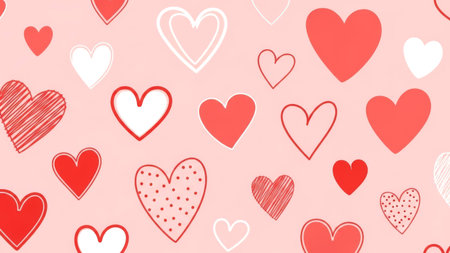 Valentine's Day pattern background with assorted hand-drawn red, white, and pink hearts.の素材