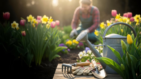 Gardener planting spring flowers in backyard with watering can and tools on wooden table. Seasonal gardening concept.の素材