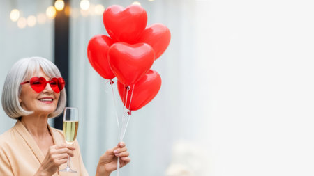 Senior with heart balloons and champagne. Joyful Valentine's Day moment.の素材
